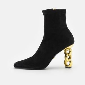 Kat Maconie Black Suede Booties With Gold Chain Link Heels
